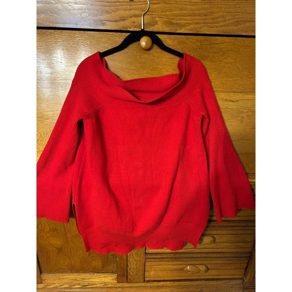 Anthropologie Cherry Red Coquette Ribbed Off The Shoulder Bell Sleeve Sweater